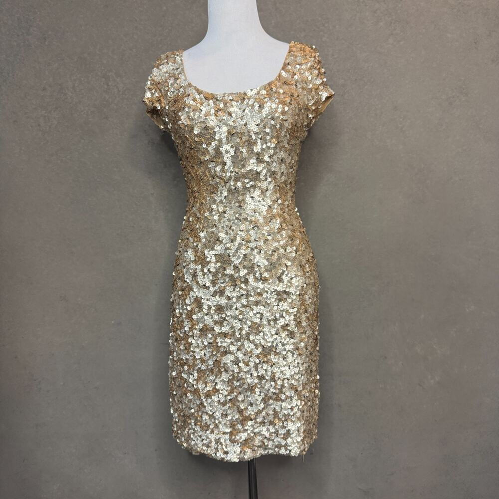 Scala Gold Sequin Silk Cocktail Dress Size 4 Cap Sleeve Vintage Party